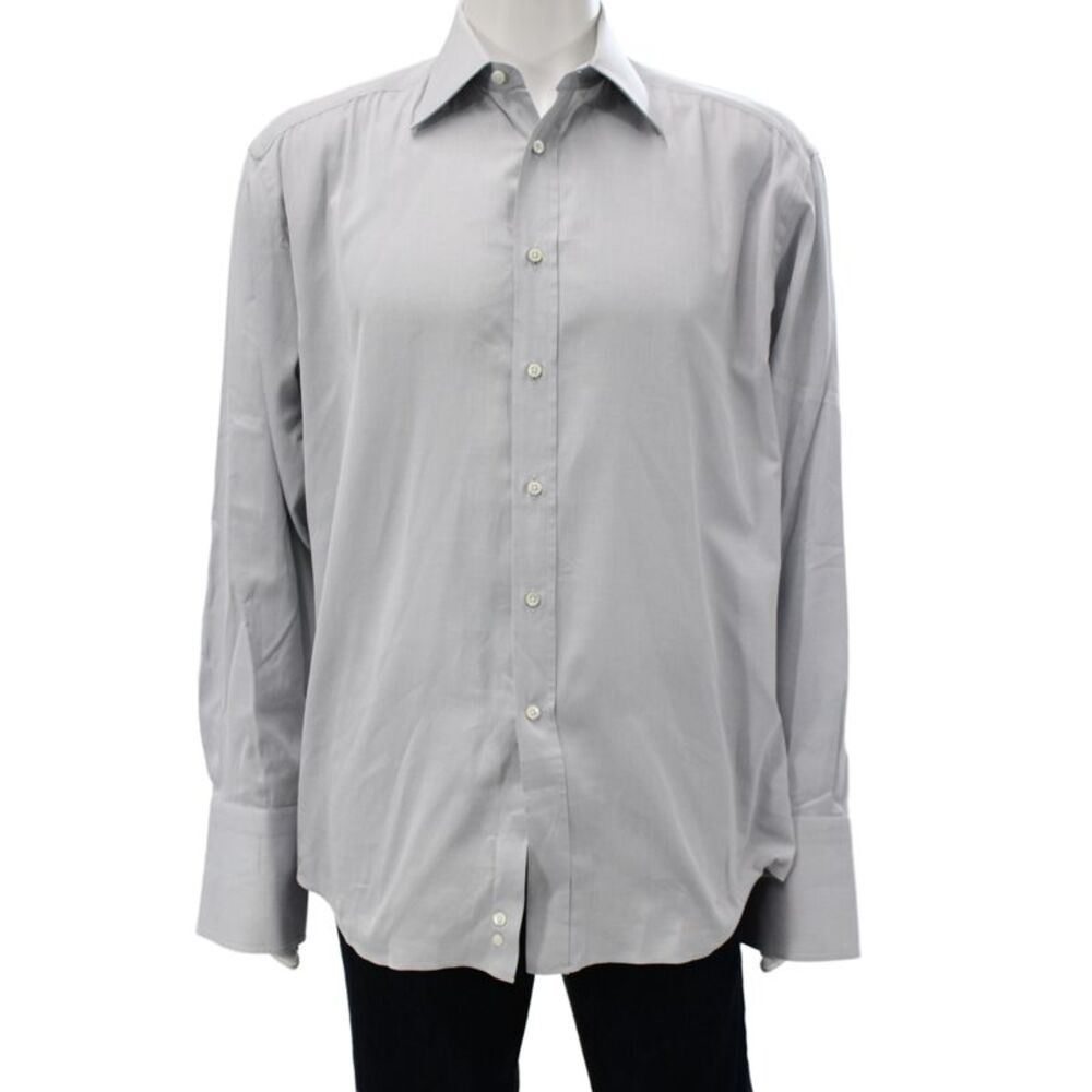 Canali Mens Gray Cotton Dress Shirt Collared Button Cuff Size 16